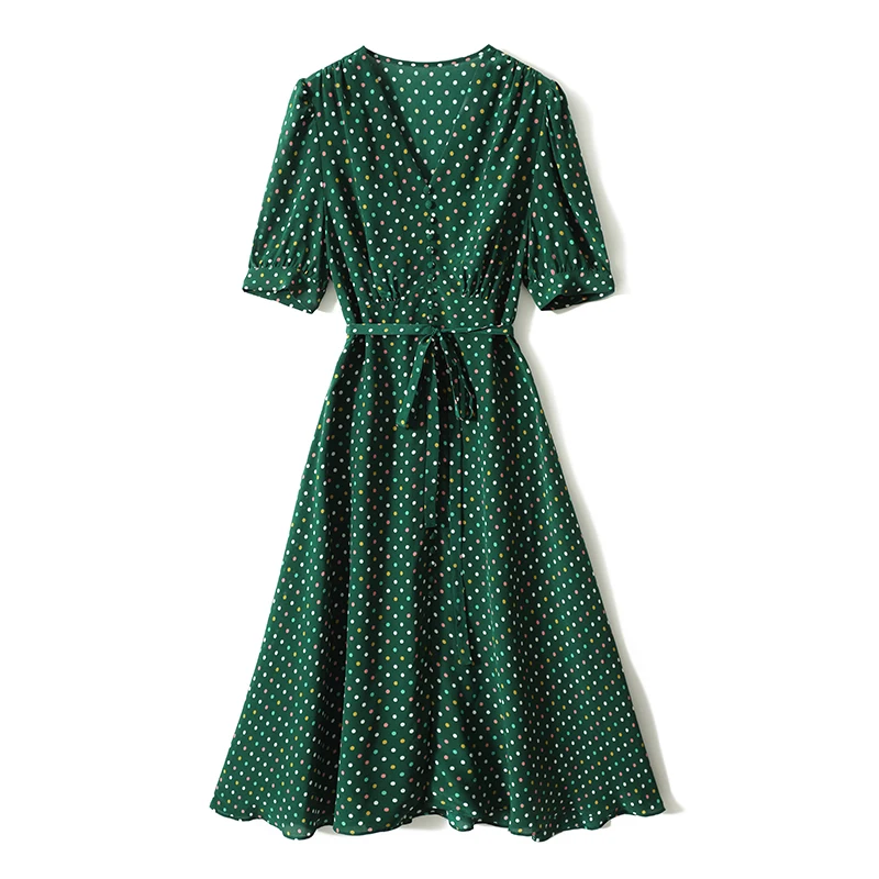 

Chiffon Polka Dot Dresses Women 2023 New Prints Vintage V-neck Short Sleeves High Waist Summer Dress Clothing YCMYUNYAN