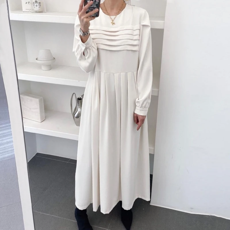 

SuperAen Korean Style Black Dress Women's Autumn 2022 New Pleated Design Loose Casual Long-sleeved Long Dress