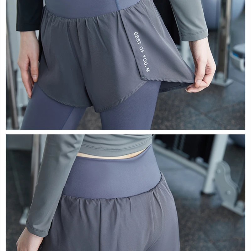 Women High Waist Double Layer Leggings Fitness Ladies Sexy 2 In 1 Gym Sports Workout Legging Push Up Fitness Female Leggins