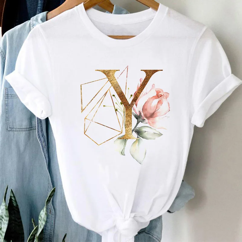 

New Alphabet T Shirt Floral Geometric Polygon Monogram Y Printed Tops Tee Female Summer Cute T-shirt Women Short Sleeve Tops Tee
