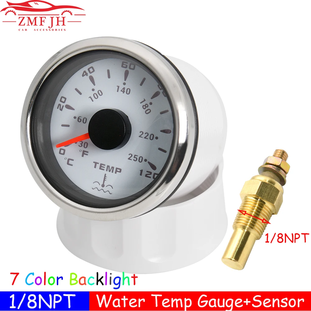 

7 Color LED 52mm Water Temperature Gauge with Sensor 1/8NPT for Auto Car Marine Boat 12V/24V Water Temp Meter Indicator IP67