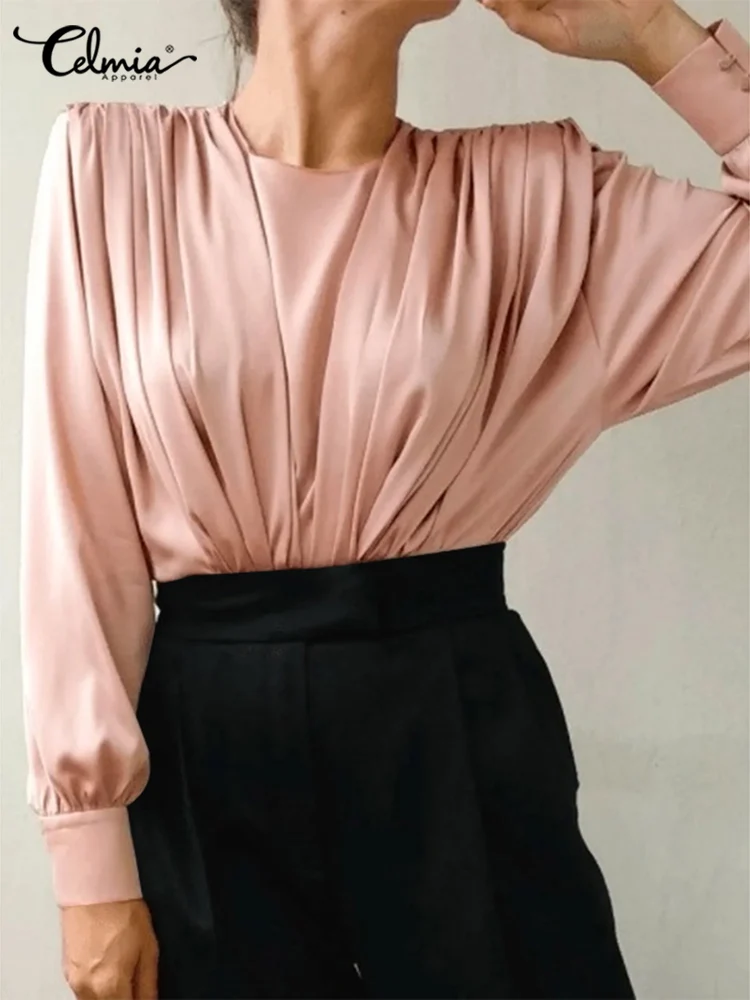 

Celmia Office Lady 2022 Summer Tops Sexy Elegant Round Neck Long Sleeve Blouses Women Solid Casual Pleated Chemise Satin Shirts