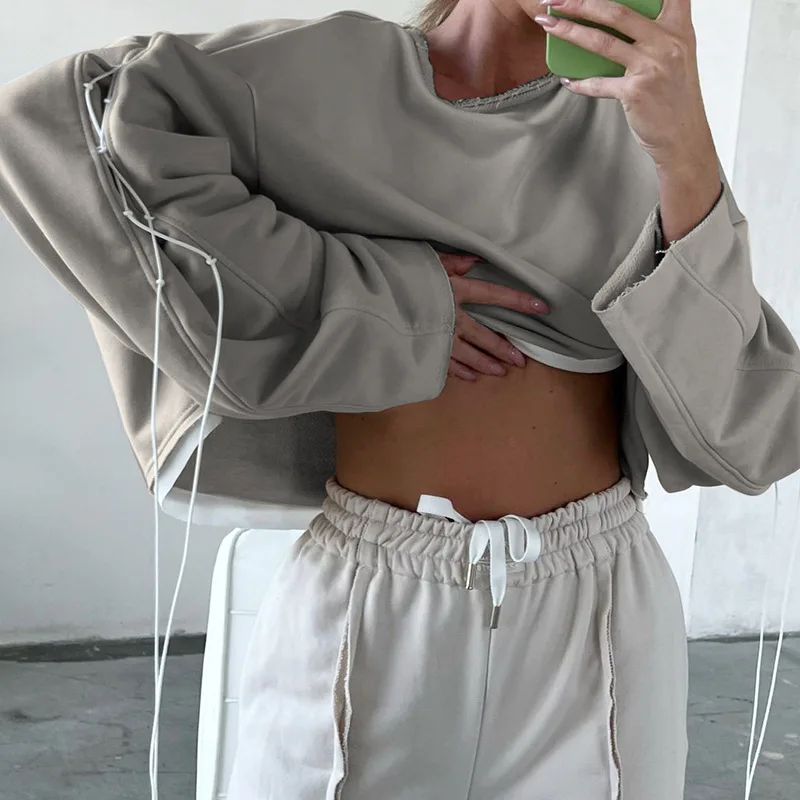 

Женские модные укороченные свитшоты, лоскутный топ с круглым вырезом и потертостями, бандажный свободный короткий топ с длинным рукавом, Ос...