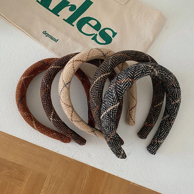 

Winter Tweed Sponge Plaid Headband Fashion Hair Accessories Women Trendy Casual Wide Side Hairbands Hair Band Girl Headwear