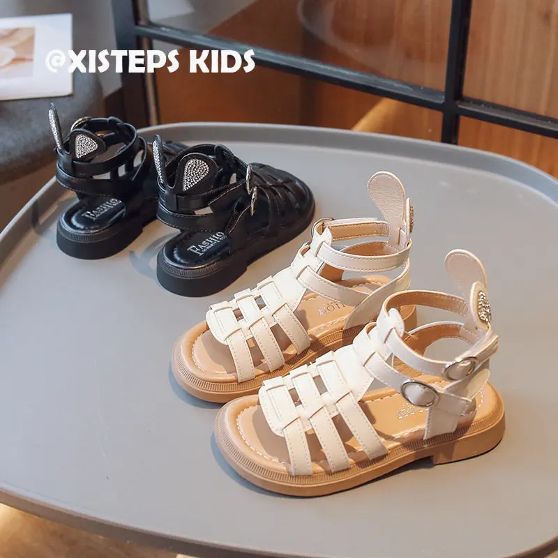 

2023 Summer Gladiator Sandals for Princess Girls Non-slip Children Outdoor Shoes Black Beige Open Toe Beach Sandals Toddler