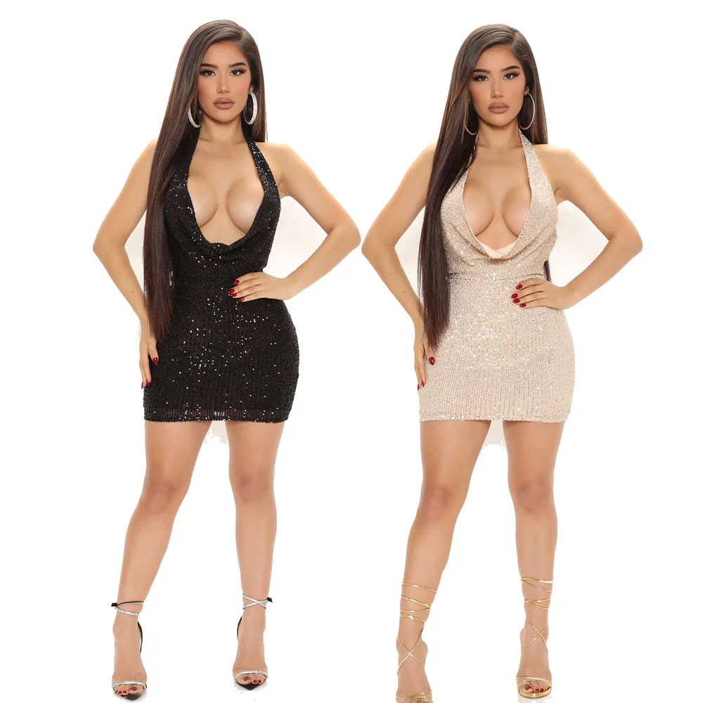 

2022 Sequined Party Dress Women Sexy Deep V-neck Backless Bandage Halter Mini Dresses for Woman
