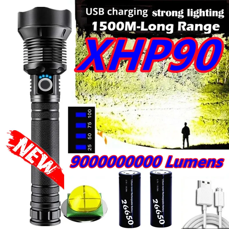 

High Bright Led Flashlight XHP90 Waterproof Flash Light USB Rechargeable Battery Flashlight Use 18650 Battery Hunting Lantern