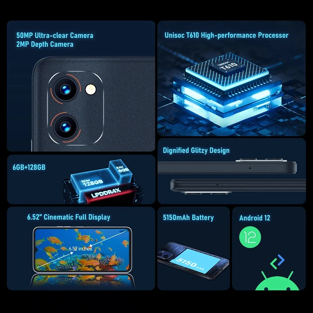 UMIDIGI C1/G1 Max Smartphones Octa Core 6GB+128GB 6.52Inch Display 5150mAh Battery 50MP Camera Unisoc T610 Dual SIM Mobile Phone