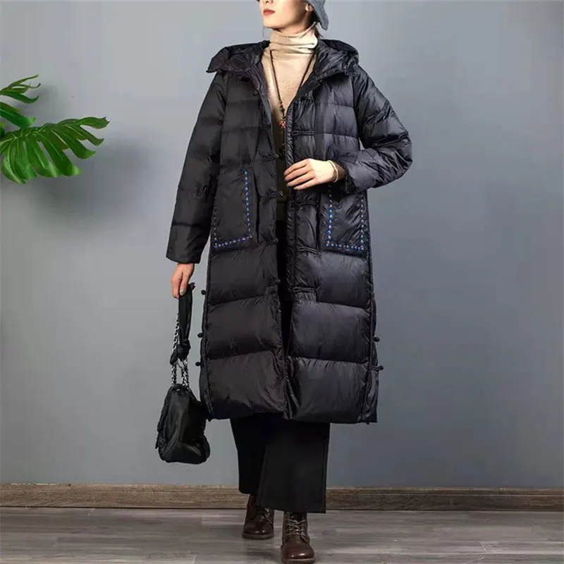 

Mid Long Down Jacket Women Hooded Parka 2022 Winter Mother Clothing Thick White Duck Down Coat Buckle ethnic Style Vintage Trend