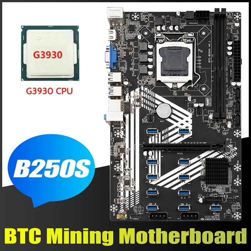 

B250S BTC Mining Motherboard+G3930 CPU LGA1151 11XUSB3.0+1XPCIE 16X Slot DDR4 SATA 3.0 USB3.0 For ETH Miner Motherboard