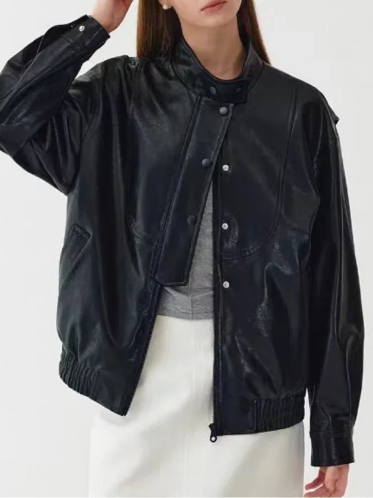 Freeacy 2024 новые женские крутые пальто из искусственной кожи с воротником-стойкой и