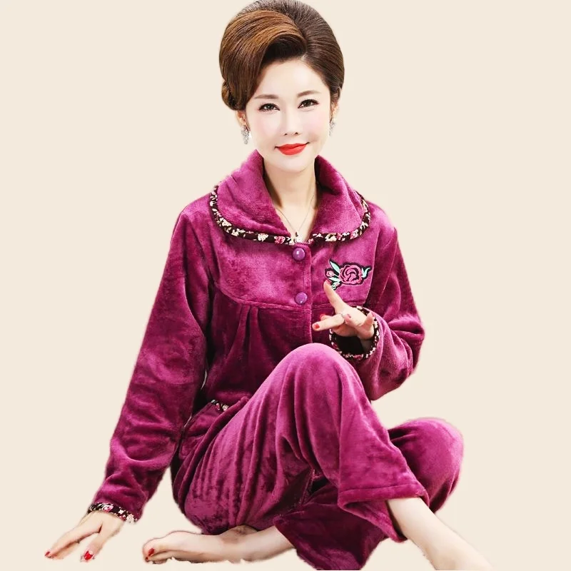 Mom's Pajamas Set Full Sleeve Tops Long Pants 2Piece/Set Winter Sexy Flower Print Pyjama Big Size Homewear Cozy Fashion Pjs