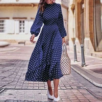 lantern sleeve polka dot print long boho dress women elegant vintage stand collar long sleeve autumn dresses for women plus size