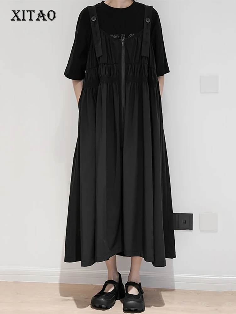 

XITAO Black Casual Dress Loose Fashion Smocked Zipper Design Shoulder Straps Adjustable Splicing Suspender Dress WMD4669