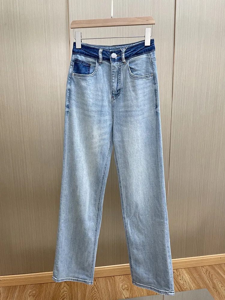 

Женские джинсы, базовые тонкие потертые прямые джинсовые брюки с высокой талией, женские джинсы с широкими штанинами, весна-лето 2023