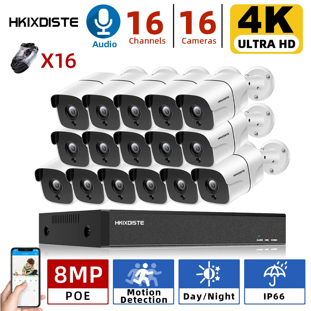 

H.265 16CH 4K POE NVR Kit Outdoor 8MP CCTV Security Camera System Human Detection POE IP Bullet Camera Video Surveillance Set