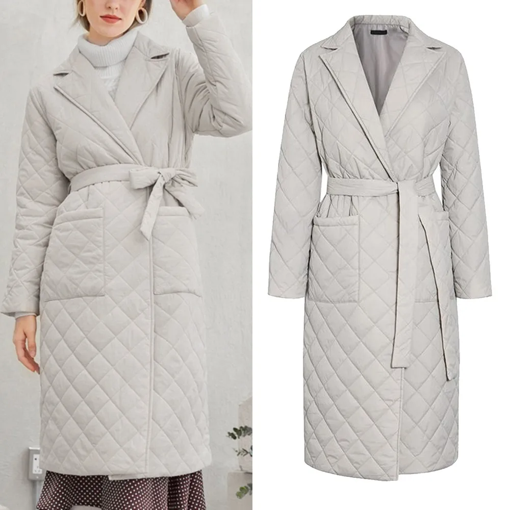 2021 Autumn Winter Coat Womens Argyle Long Jacket Thin Parkas Double Breasted Belt Coat Plaid Trench Coats for Women Overcoat