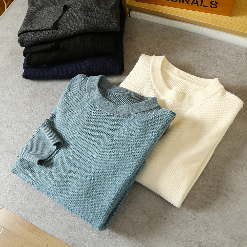 Вафельная ткань 2024 весна и осень новый пуловер с круглым вырезом свитер длинными