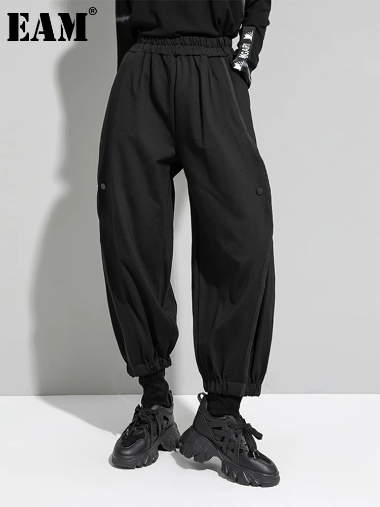 

[EAM] High Elastic Waist Black Leisure Long Harem Trousers New Loose Fit Pants Women Fashion Tide Spring Autumn 2022 1DD5762