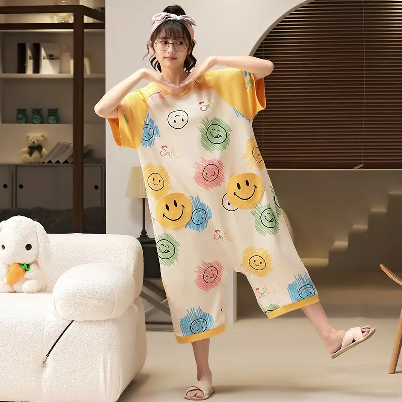 Cute Cartoons Onesies Costume For Women Nightdress Summer Pajamas Cotton Short Sleeve Jumpsuit Loose Home Wear Girl