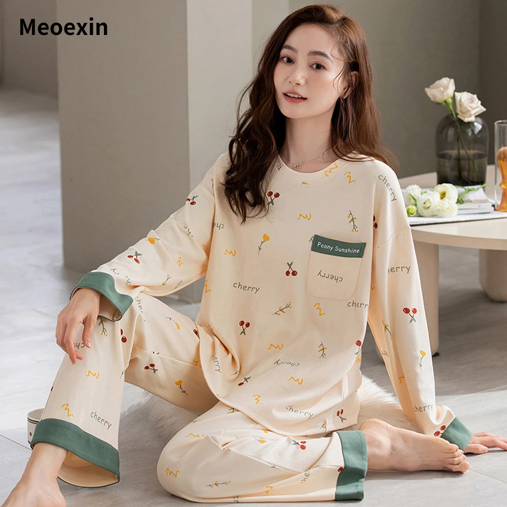 

Long Sleeved Long Pants Pajama Set Female Spring New Pattern Sweet and Cute Cartoon Cotton Collet Home Wear Set Can Go Out