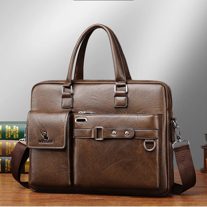 Leather Briefcase Bag for Man A4 Documents Designer Handbag Computer Laptop 14 Shoulder Business Messenger Tote Crossbody Bag