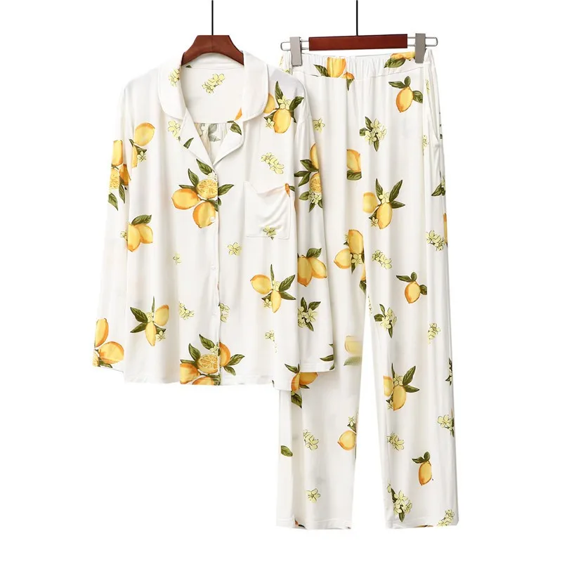 

Women Modal 2PCS Pajamas Sets Sexy Notched Suit Pyjamas Floral Sleepwear Spring Loungewear Nightwear Casual Home Clothes