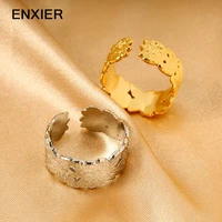 enxier 316l stainless steel leaf pattern rings for women men simple open rings hip hop party jewelry