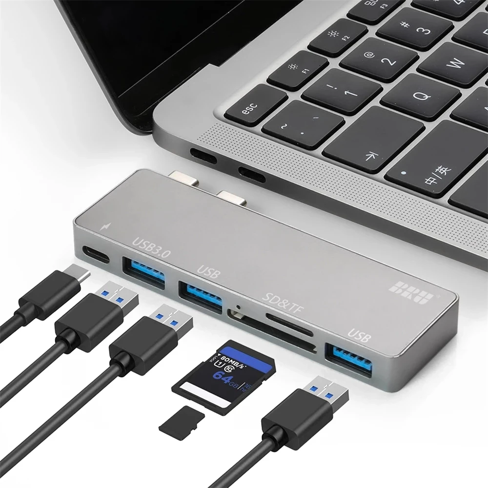 

6 In 1 Aluminum USB C Hub USB Type C Hub Adapter Dongle Compatible For MacBook Pro 13" 15" 2016 2017 Thunderbolt 3 USB-C Data