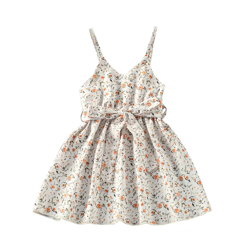 

Girls Summer Casual Dress Floral Print V-Neck Sleeveless Strappy Waist Belt for Toddlers Girl Clothes