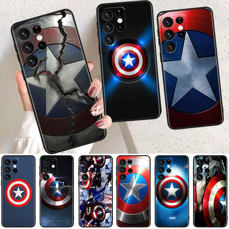 

Marvel Captain America Shield Phone Case For Samsung Galaxy S23 S22 S21 S20 FE Ultra S10e S10 S9 S8 Plus Lite Black Soft Cover