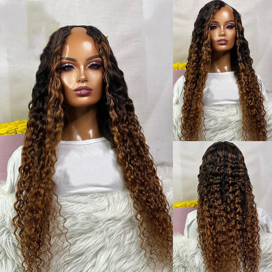 Long 24 inch Ombre Brown Kinky Curly U Part Wig European Remy Human Hair Wigs Soft Jewish Glueless Wig For Black Women