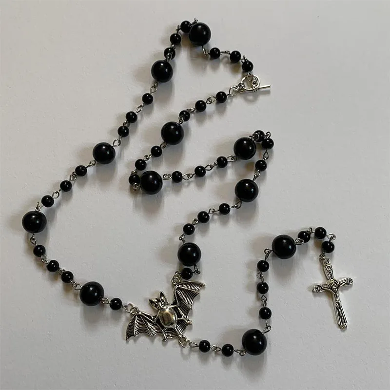 

vampire bat ankh cross rosary necklace pagan witchcraft gothic wiccan Bats Beads Witchy metal jewelry Gothic punk grunge y2k