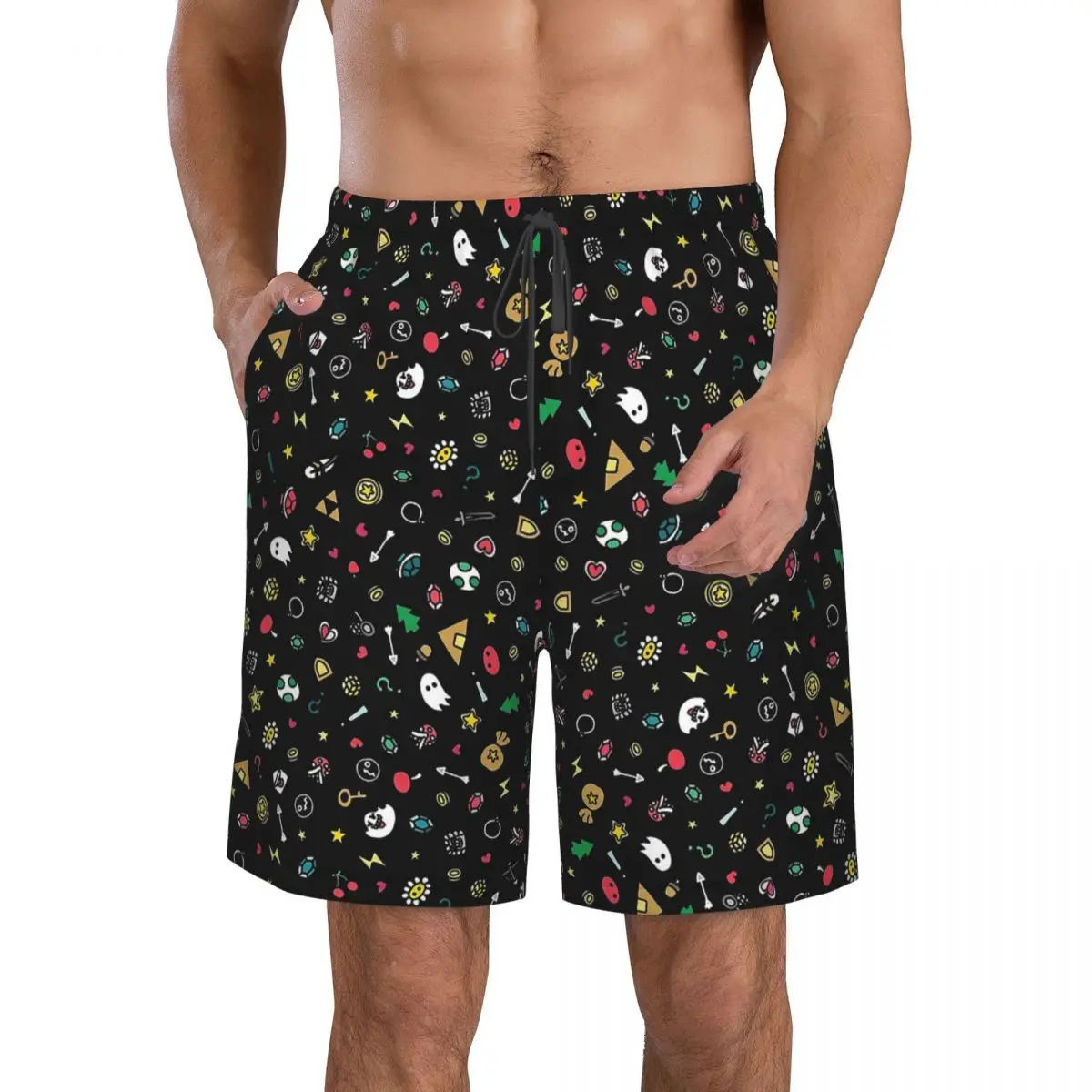 

Retro Video Games Doodles Men's Beach Shorts Code Geek Linux with Mesh Lining Male Swimming Trunks Surfing Boardshorts