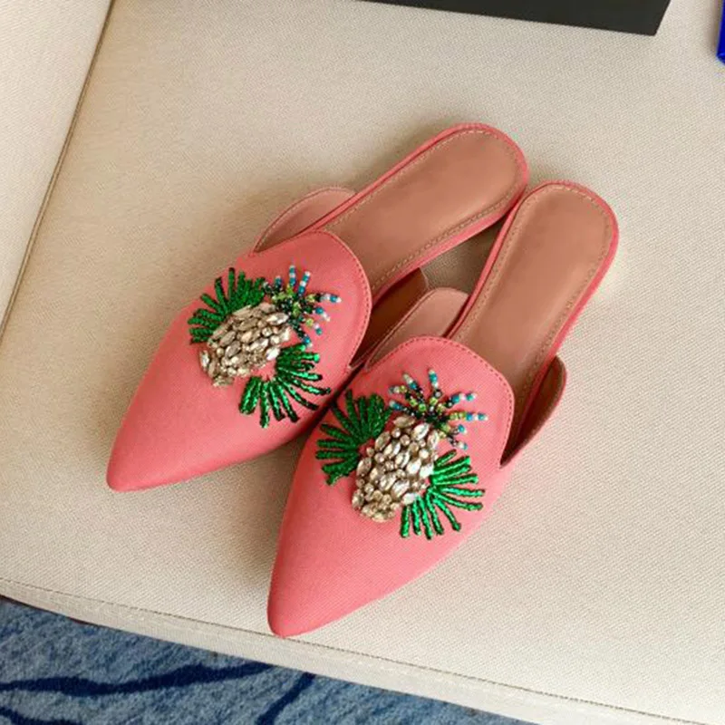 

Personalized Pointed Toe Design Women's Slippers 2022 Spring And Summer Beaded Straw Cord Hand Sewn Upper Flat Muller Slippers