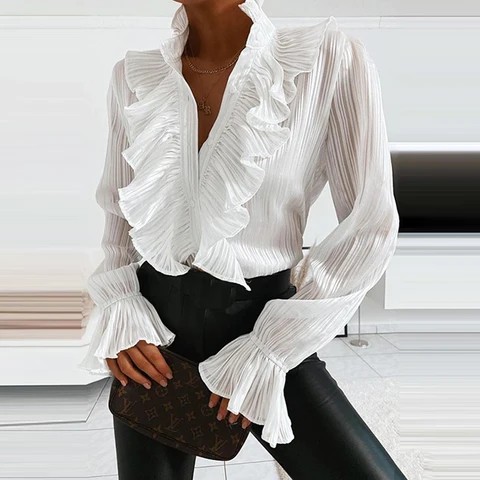 Женская шифоновая блузка с рукавами-фонариками и V-образным вырезом