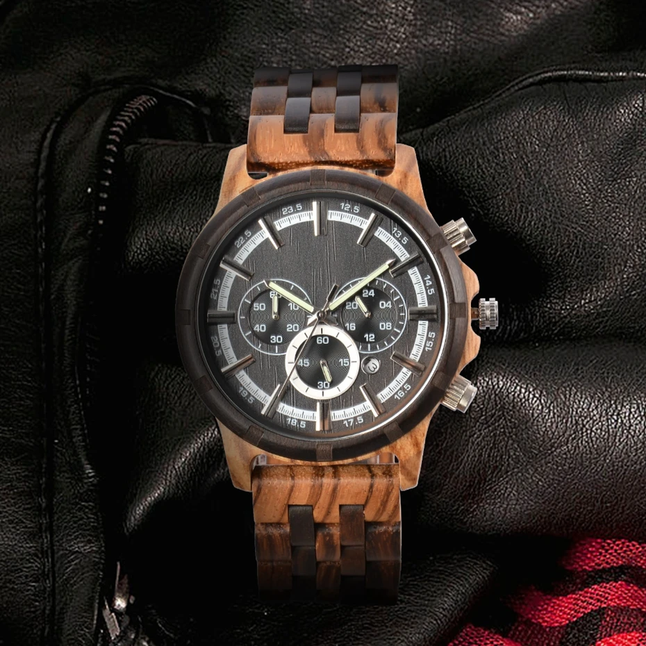 

Vintage Wooden Watch for Men Chronograph Reloj Auto Date Luminous Analog Display Mens Watches Full Wooden Band Wrist Clock Male