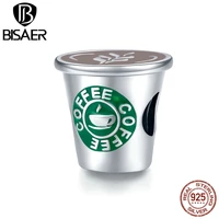 bisaer coffee cup charms for bracelet 925 sterling silver green enamel bead pendant diy necklace for female jewelry ecc1545