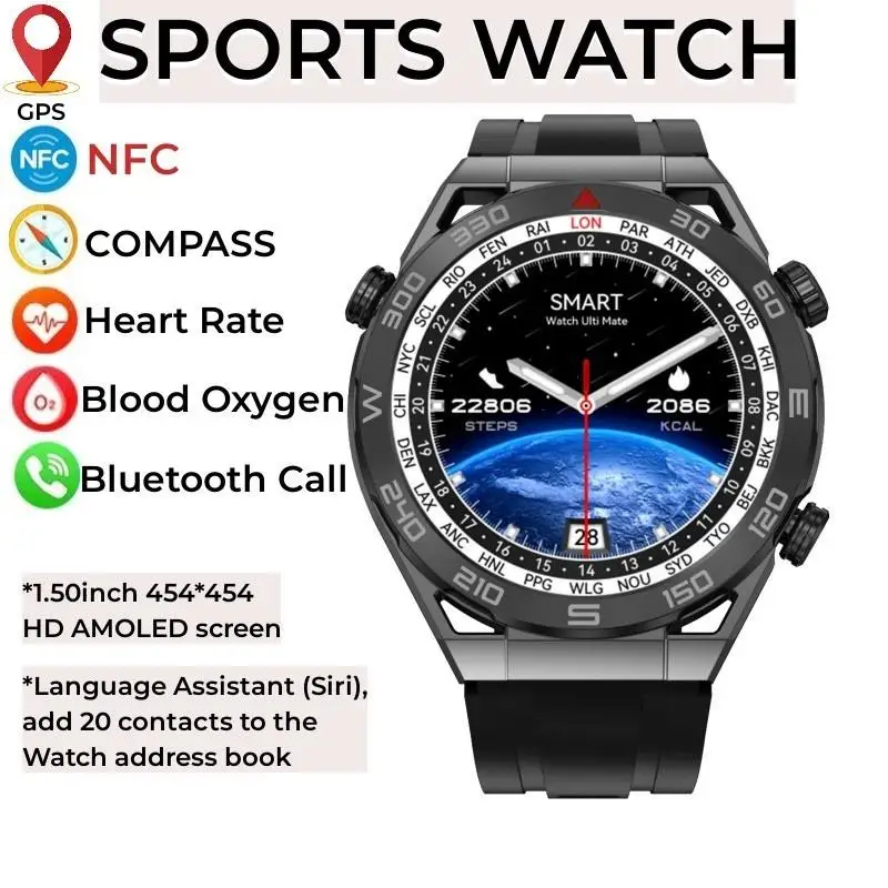 

Умные часы NFC AMOLED, GPS, траектория движения, IP68, водонепроницаемые, мониторинг здоровья, Bluetooth, вызов, подходит для браслетов Huawei, подарки