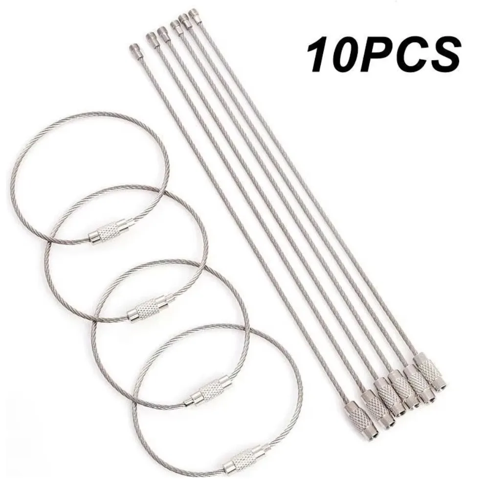 

10 шт. брелоков из нержавеющей стали с винтовым замком, стальной трос для ключей с защитой от потери, прочный и тросовый замок