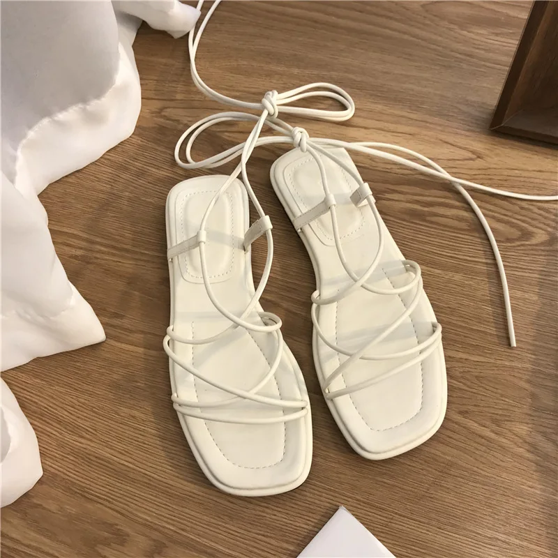 

lace-up Sandals Women Summer Beach Fashion Sexy Flat Casual Cross-Tie Open Toe Fairy Style Narrow Band Shoes Black Rome Sandals