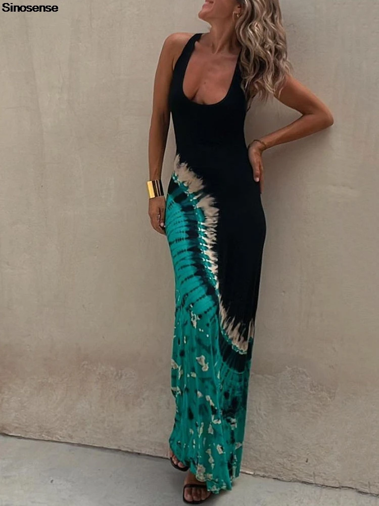 Женское платье-макси с тропическим принтом летнее платье без рукавов в стиле