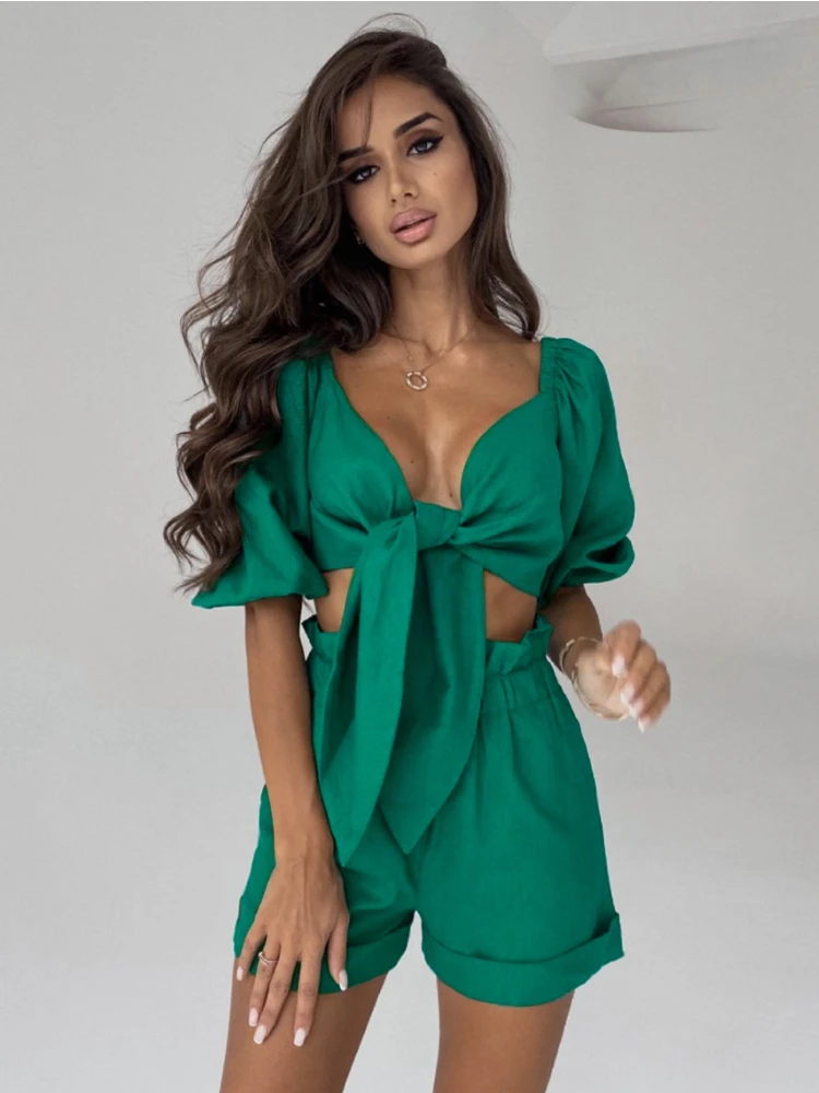 

Summer New Pure Color Sexy Fashion Women's Lantern Middle Sleeve Cardigan Wide Leg Pocket Shorts Casual Suit 2 Piece Suit