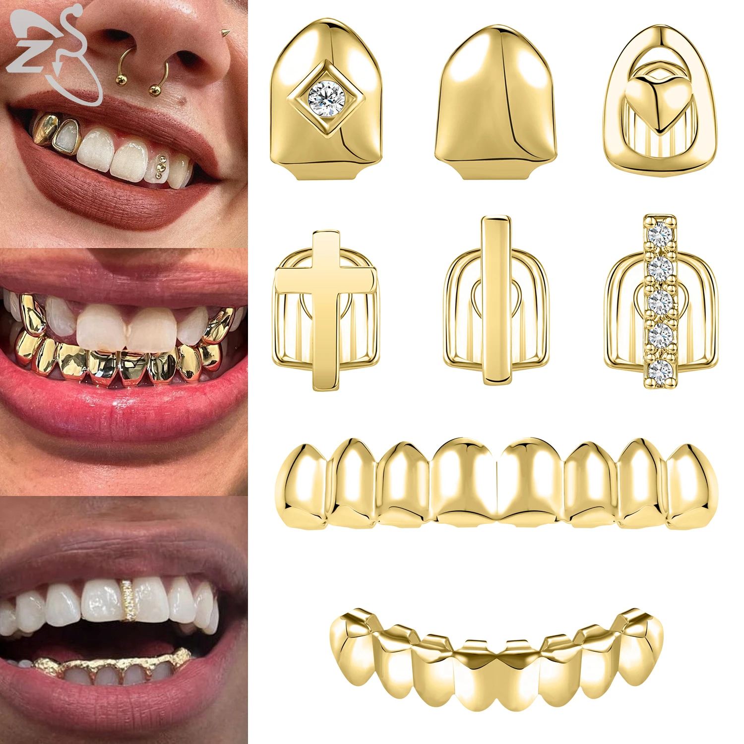ZS 1-2 Pieces Hip Hop 18K Gold Plated Grillz Teeth Shiny CZ Crystal Cross Gap Grillz High Polish Finish Top & Bottom Tooth Cap