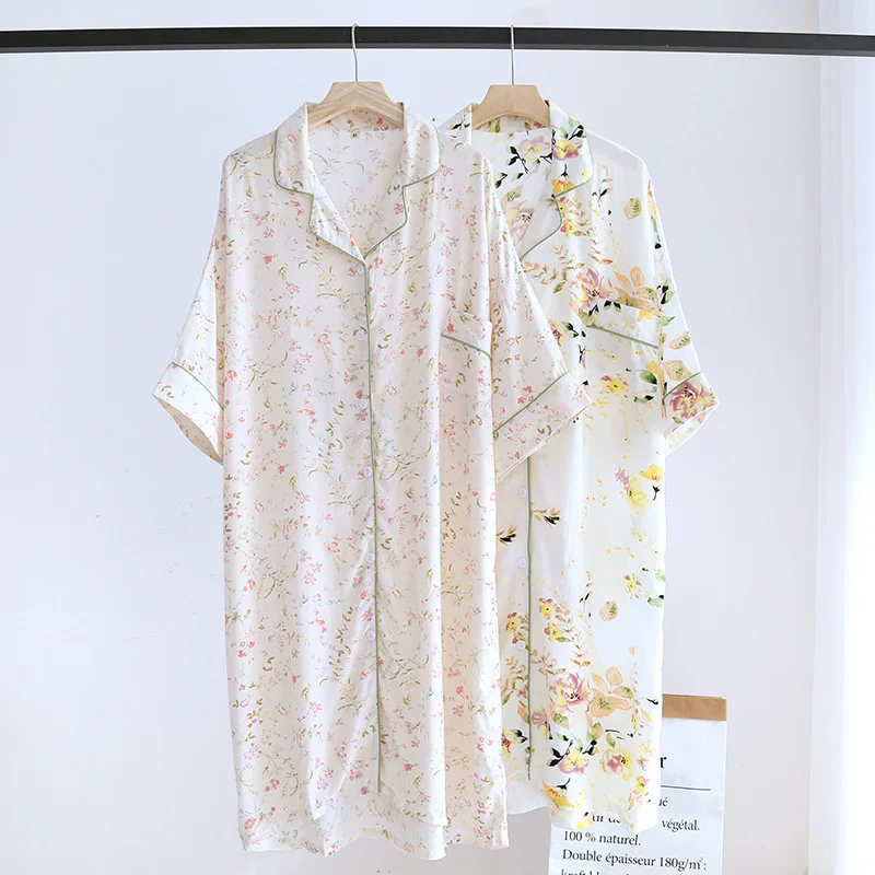 

Women Summer Viscose Cardigan Nightdress Loose Women Short Sleeve Nightgown Cartoon Floral Print Sleep Dress Women Sleepwears