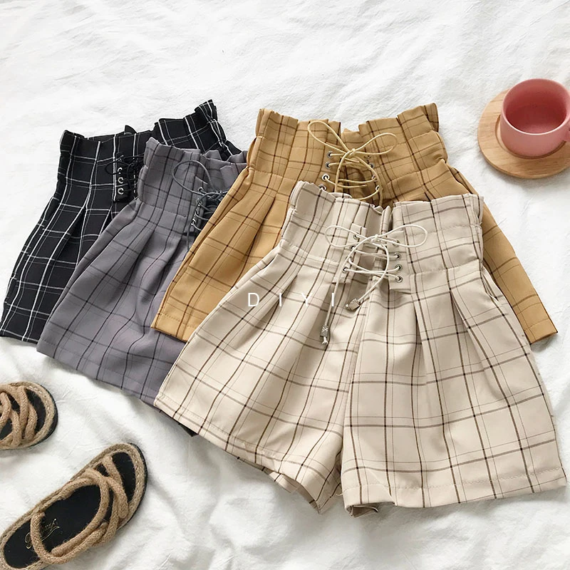 Harajuku Retro Lace Up High Waist Wide Leg Shorts Female New Fashion Casual Elastic Waist Shorts 2021 Women Plaid Summer Shorts
