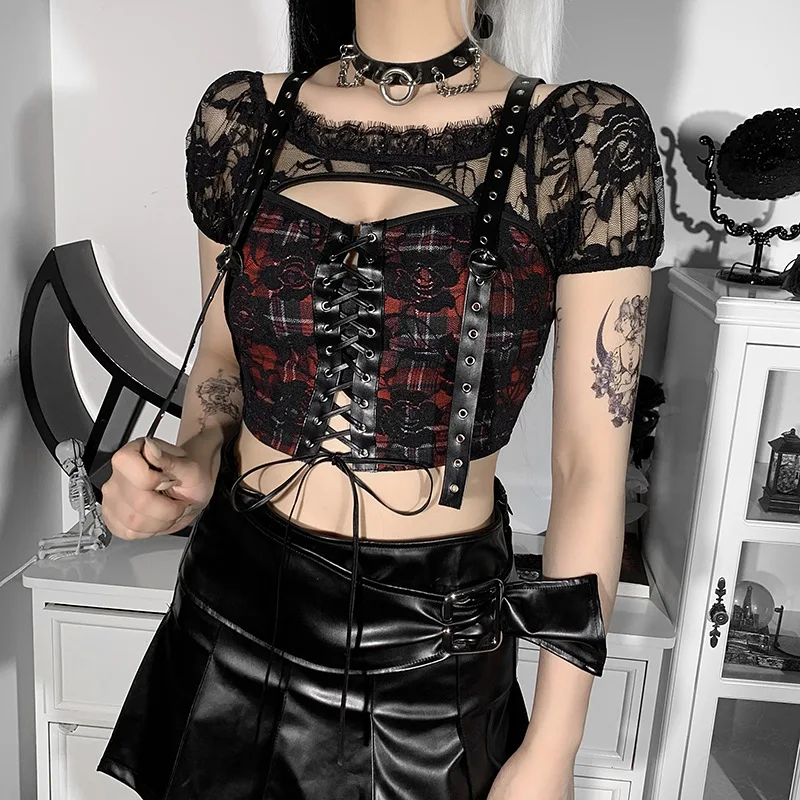 

Grunge Lace Patchwork Bandage Cropped Tops Goth Punk Mall Gothic Plaid Women Sexy T Shirts Bodycon egirl Streetwear Clothing New