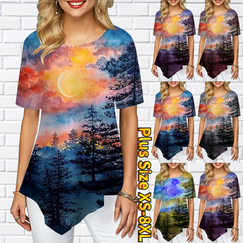 

2022 New Summer Fashion Round Collar T-shirt Women's Irregular Hem Short Sleeves Landscape Print Top Daily Loose Comfortable Tee