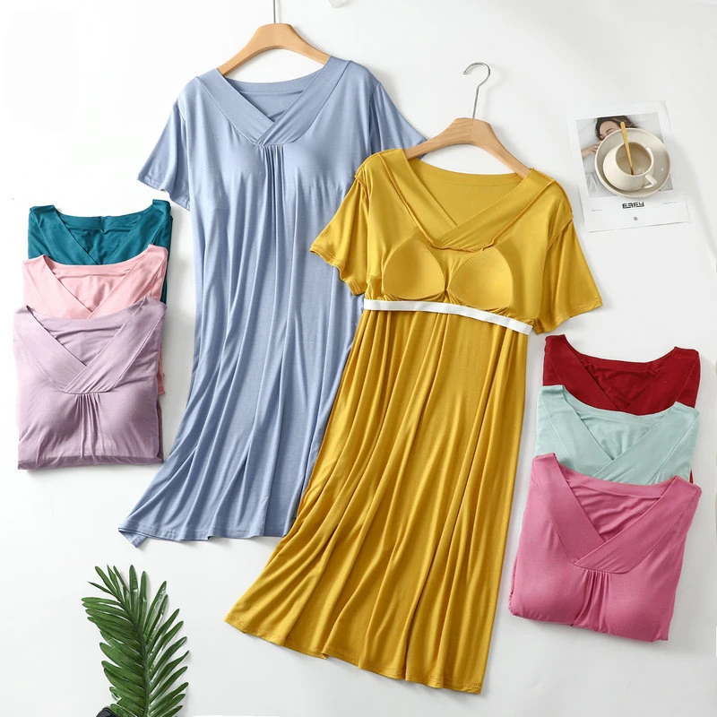 

Chest Padded Pajama Nightdress Summer Thin Style Bra Free Modal Loose Fit Large Size Short Sleeved Medium Length Home Nightgown