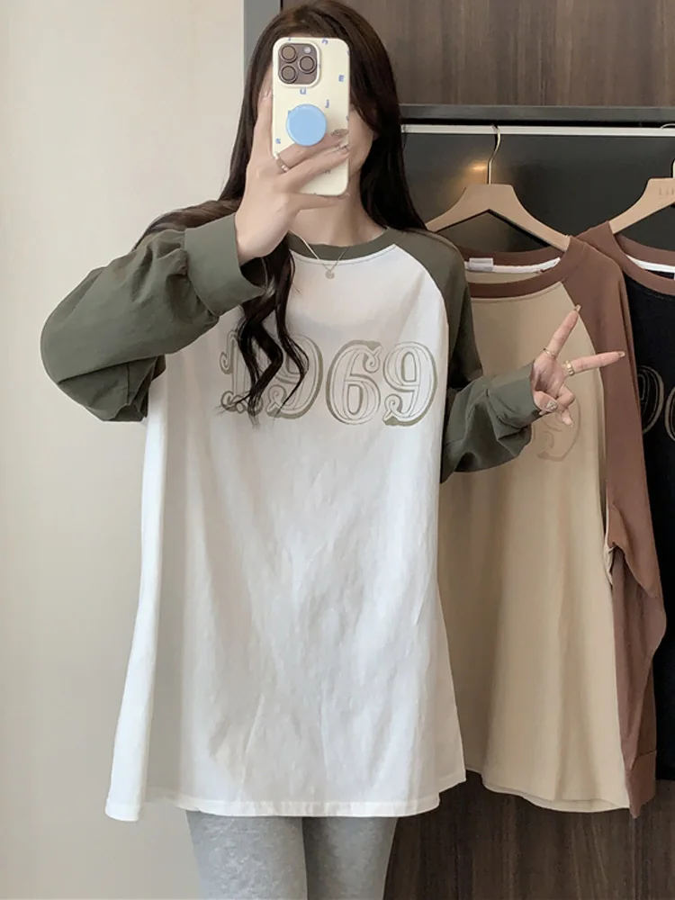 

harajuku Casual oversized letter Color matching T-shirt autumn winter fleece Long Sleeve T Shirts for Women clothes warm y2k top